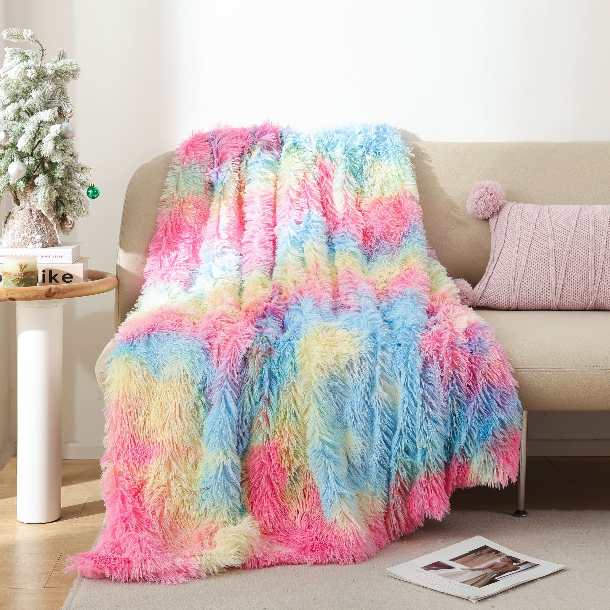 Faux Fur Blanket - Rainbow